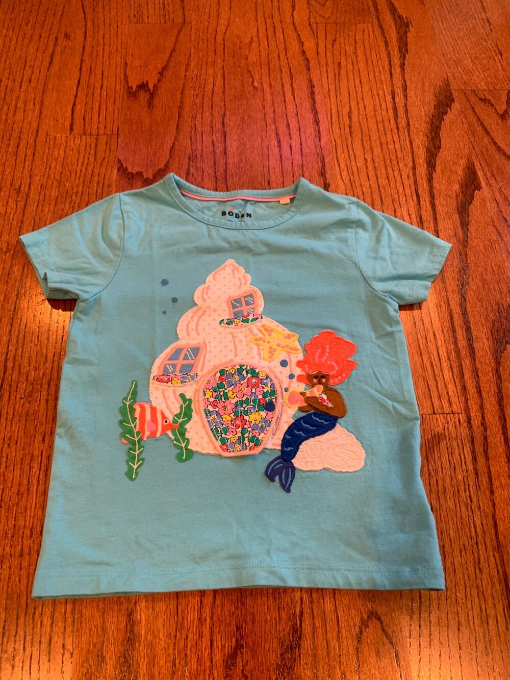Mini Boden Lift The Flap Mermaid Short Sleeve Shirt | Aquamarine Blue | 4-5Y